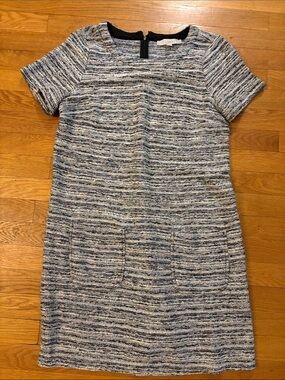 LOFT Short Sleeve Tweed Shift Dress in Blue and Gray